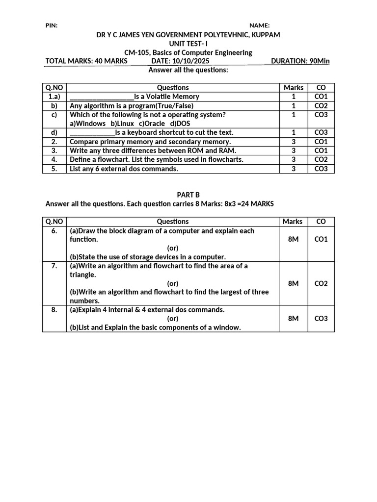 BCE First Year Unit Test 1 | PDF