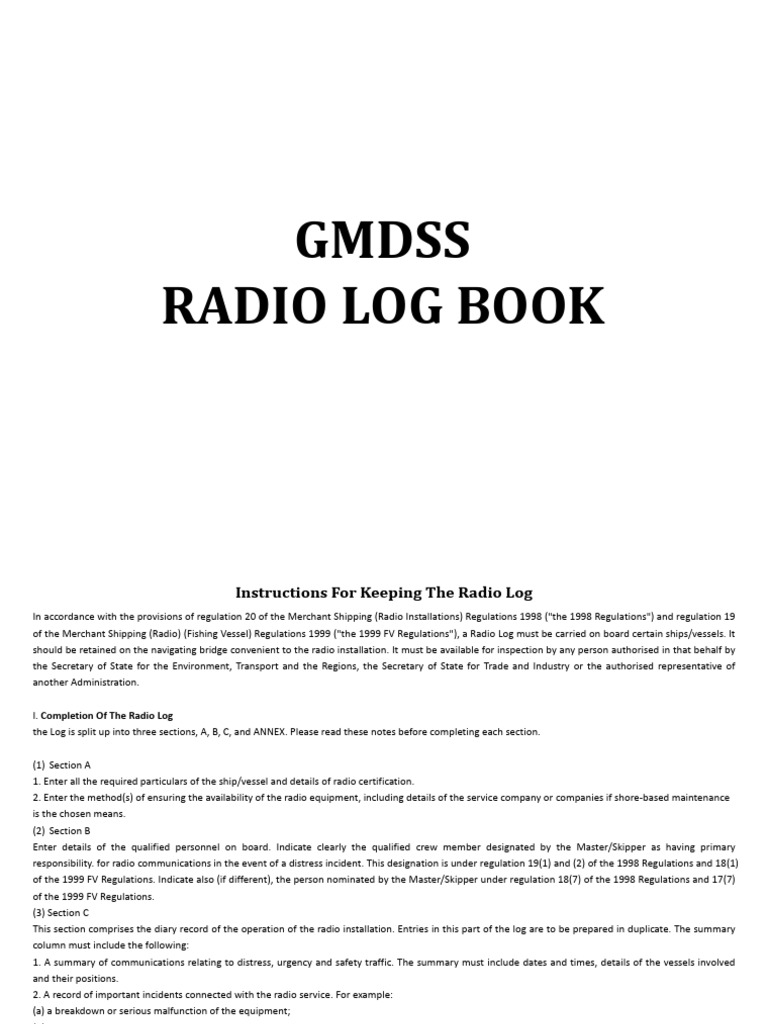GMDSS Radio Log Book Requirements | PDF | Sea Captain | Ships