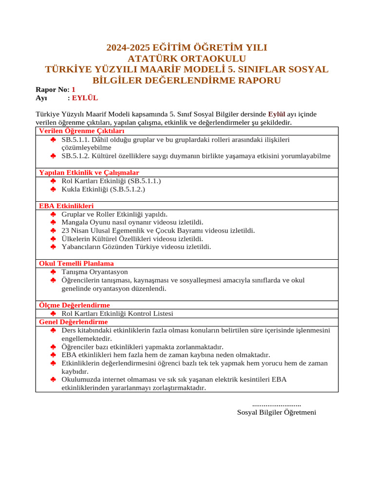 Turkiye Yuzyili Maarif Modeli Eylul Ayi Raporu | PDF