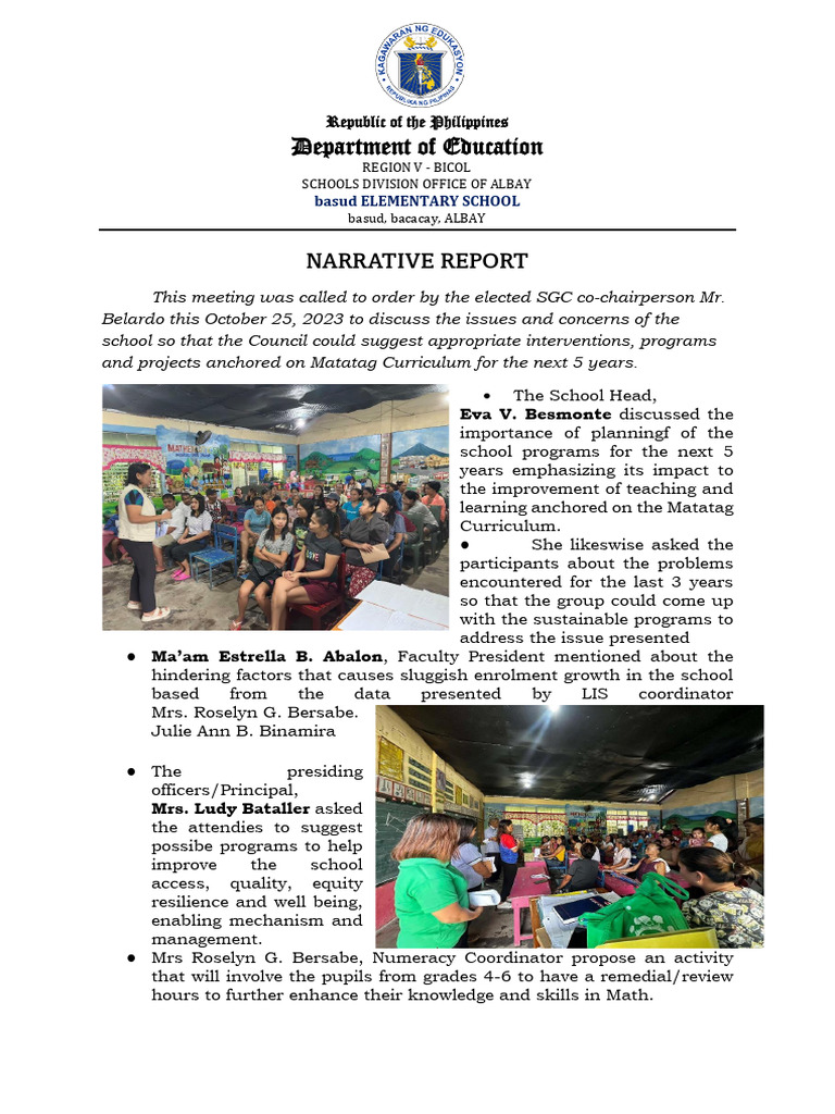 Basud Elementary School Meeting Report | PDF | Learning