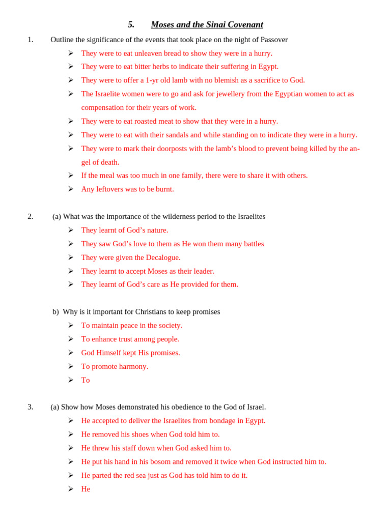 Moses and Sinai Covenant Revision Questions | PDF | Moses | Ten ...