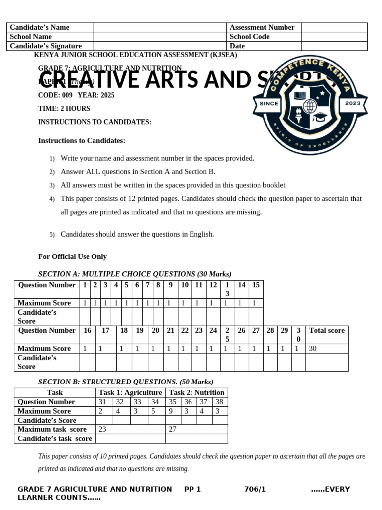 Grade 7 Agriculture and Nutrition Exam | PDF | Soil | Vegetables