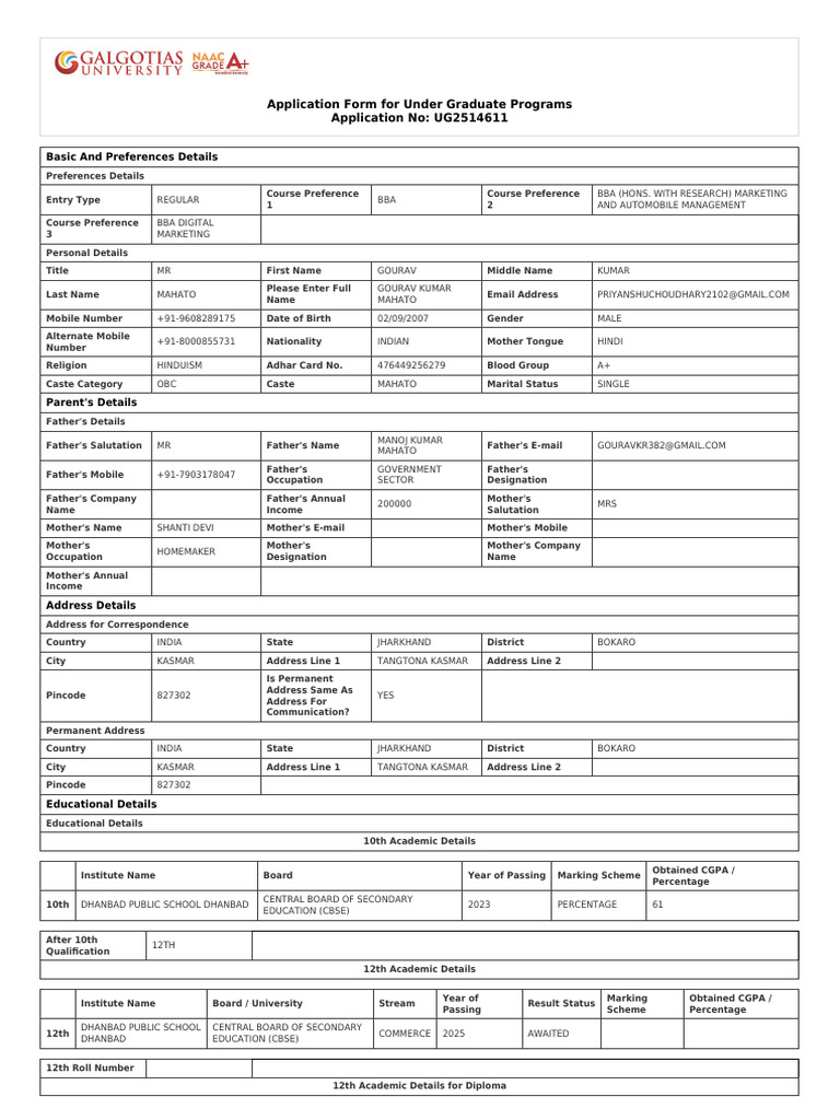 Undergraduate Application Form Details | PDF | Qualifications ...