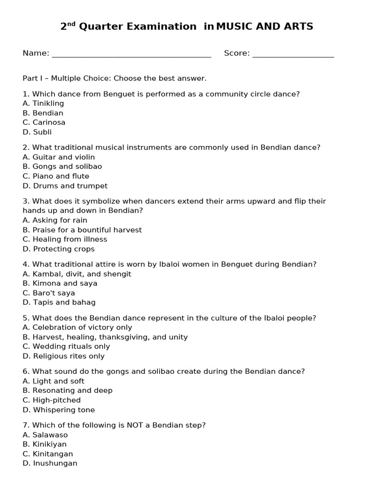 Summ Test Music Arts 4 q2 w2 | PDF | Dances