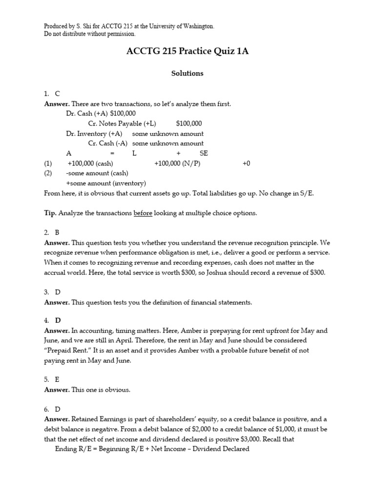 ACCTG 215 Practice Quiz Solutions | PDF | Debits And Credits | Accounting