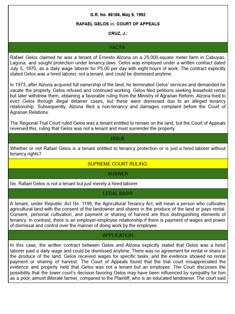 Gelos vs. Court of Appeals: Tenant Ruling | PDF | Leasehold Estate ...