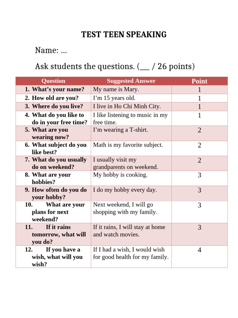 Speaking Test Teen Formatted | PDF