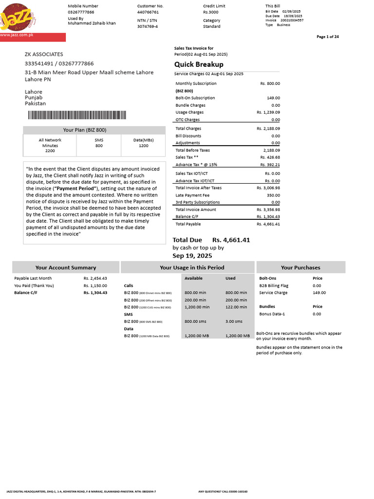 Jazz Business Invoice Summary 2025 | PDF | Invoice | Fee