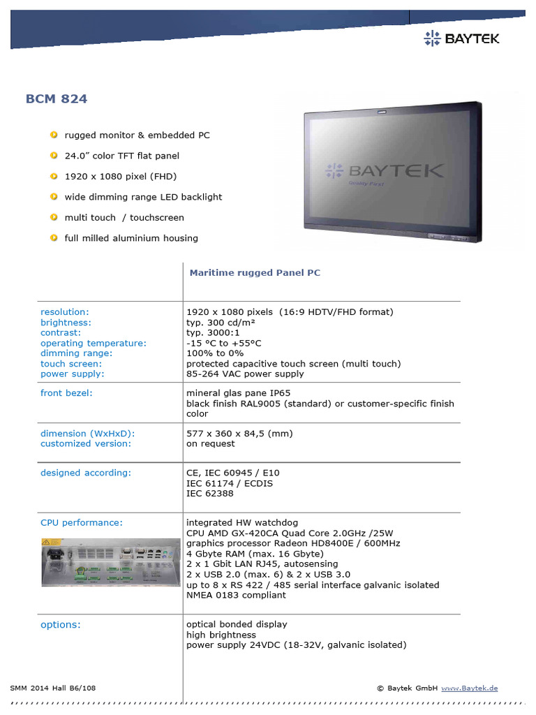 SMM Datasheet BCM 824-Ac-T v1.1 | PDF | Touchscreen | Computer Engineering