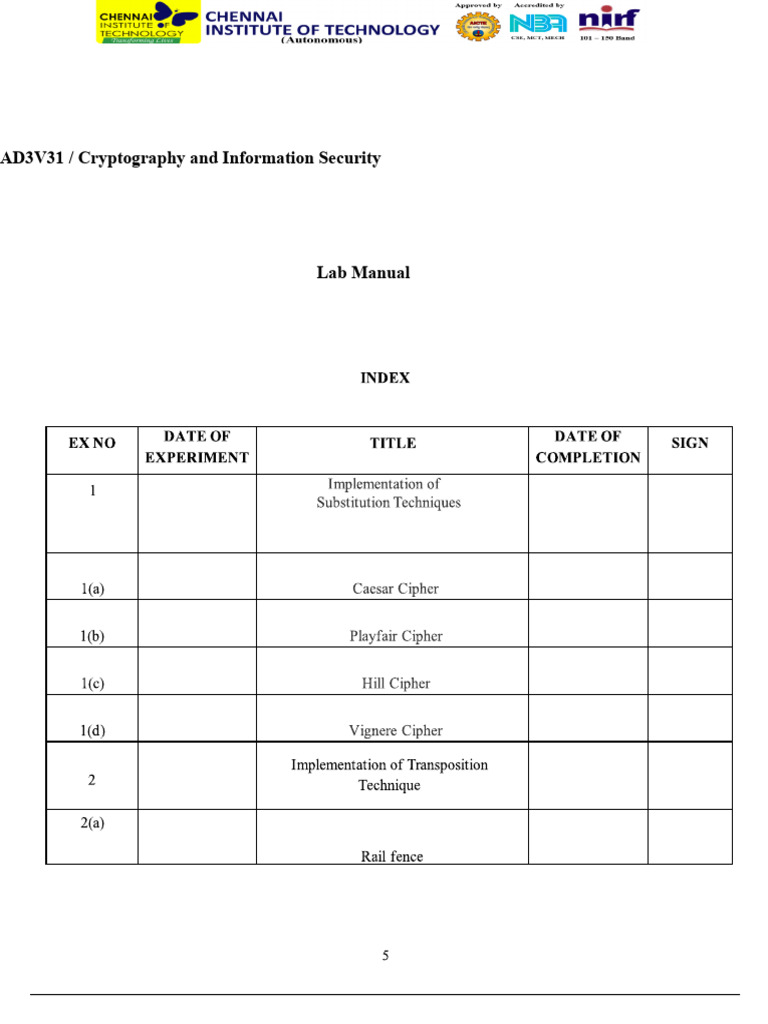 Cryptography Lab Manual AD3V31 | PDF