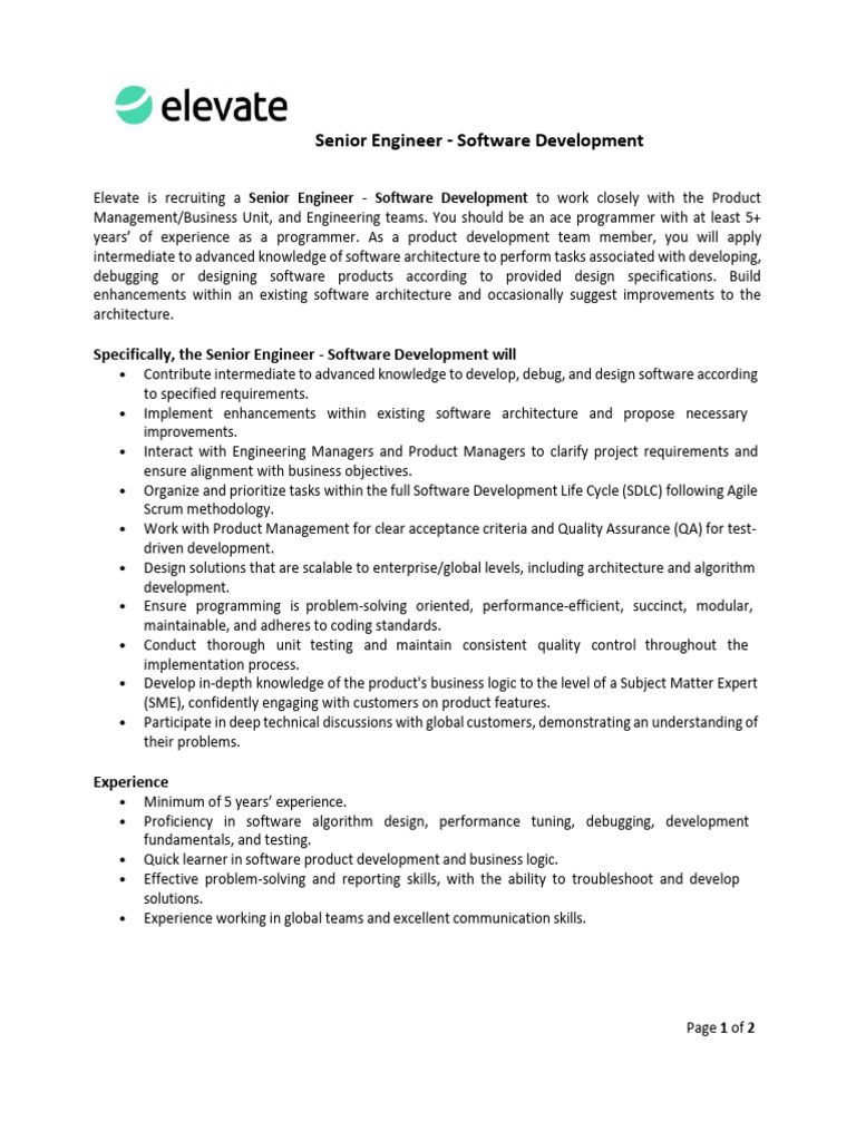 Elevate JD - Senior Engineer - Software Development | PDF | Software ...