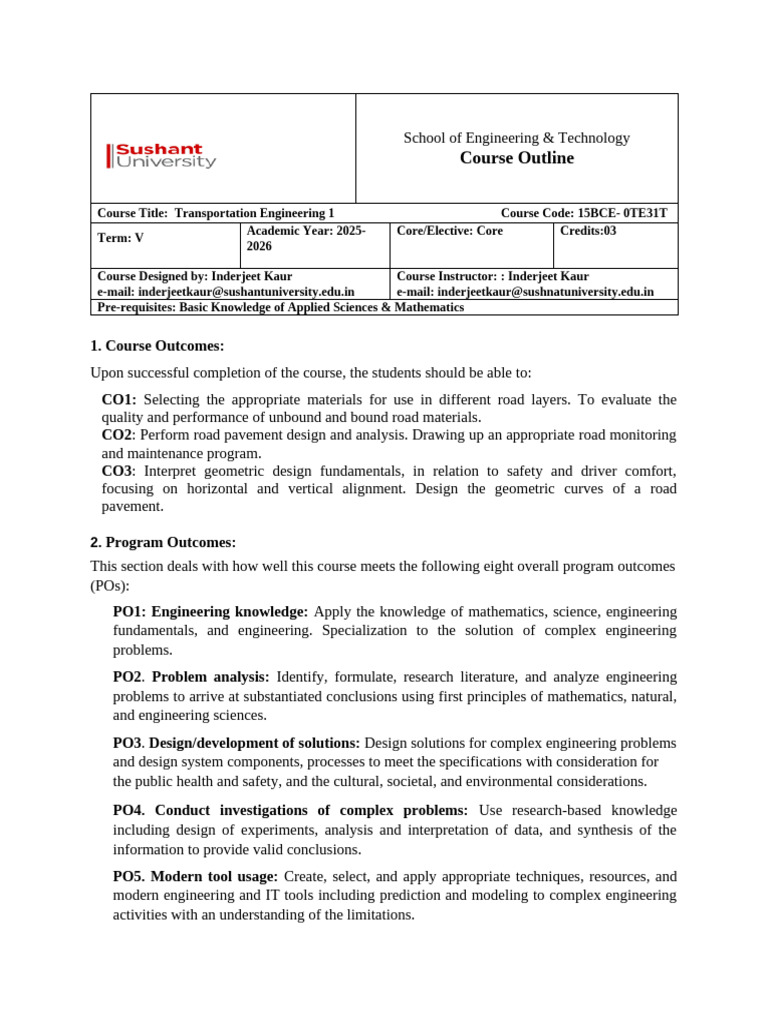 Transportation Engineering Course Outline | PDF | Engineering ...