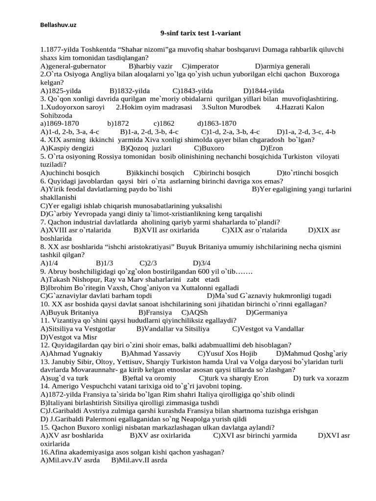 9 Sinf Tarix Test | PDF