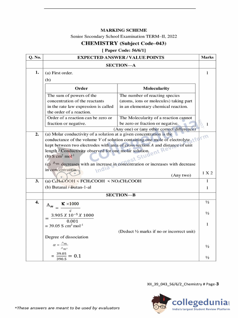 CBSE Class 12 Chemistry Answer Key 2022 | PDF