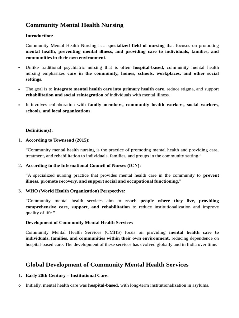 Community Mental Health Nursing Overview | PDF | Mental Health | Mental ...