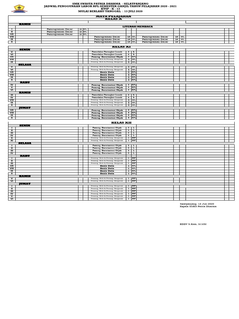 Jadwal Labor RPL SMK Patria Dharma | PDF