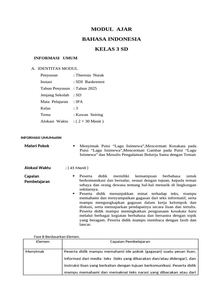Modul Ajar Bahasa Indonesia Kelas 3 SD | PDF