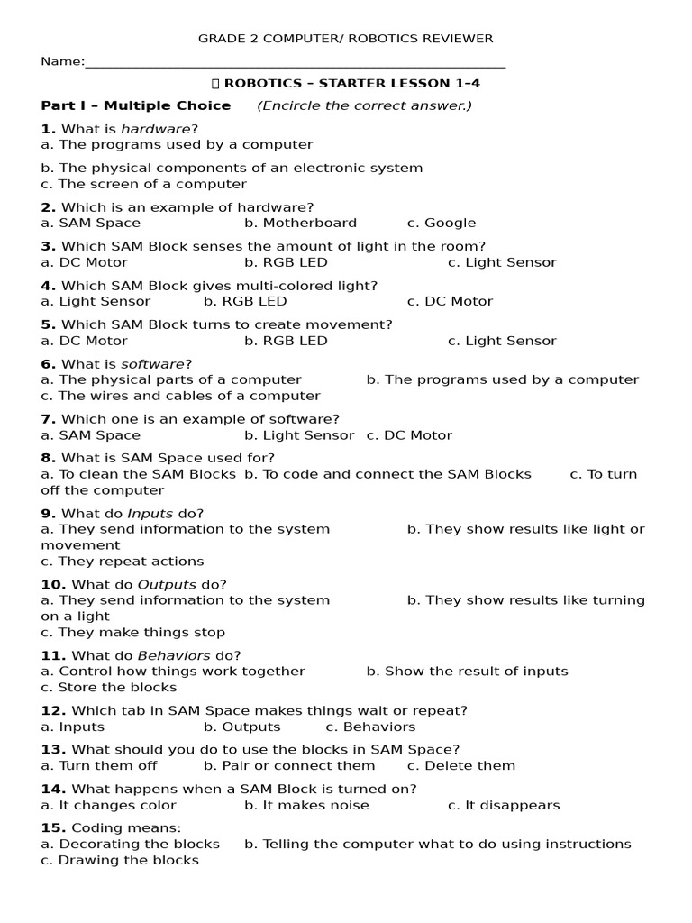 Grade 2 Robotics and Computer Review | PDF | Computer Hardware | Rgb ...