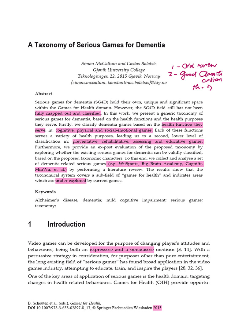 Taxonomy of Serious Games for Dementia | PDF | Dementia | Alzheimer's ...