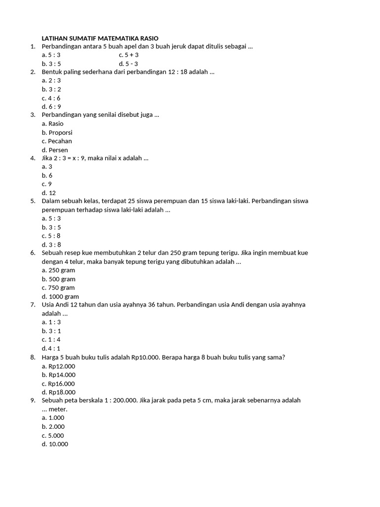 Latihan Soal Rasio Kelas 6 SD | PDF