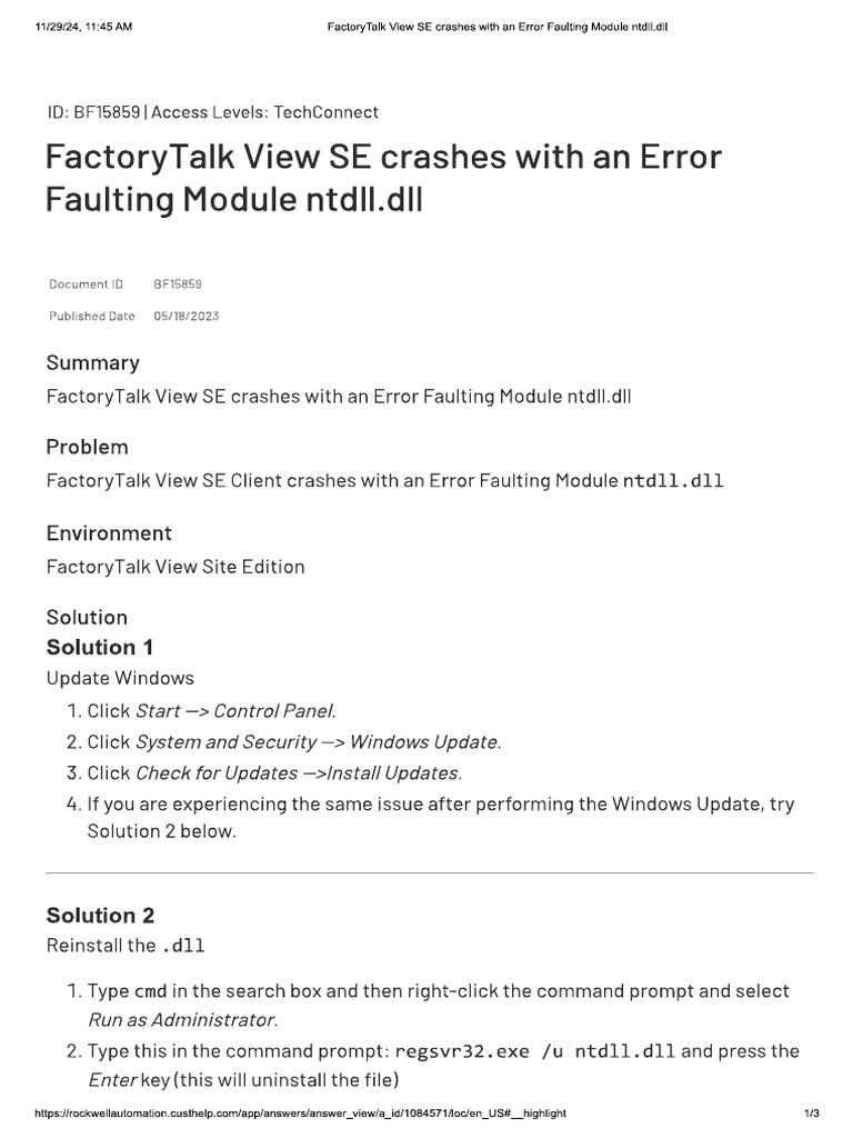 FactoryTalk View SE Crashes With An Error Faulting Module NTDLL - DLL | PDF