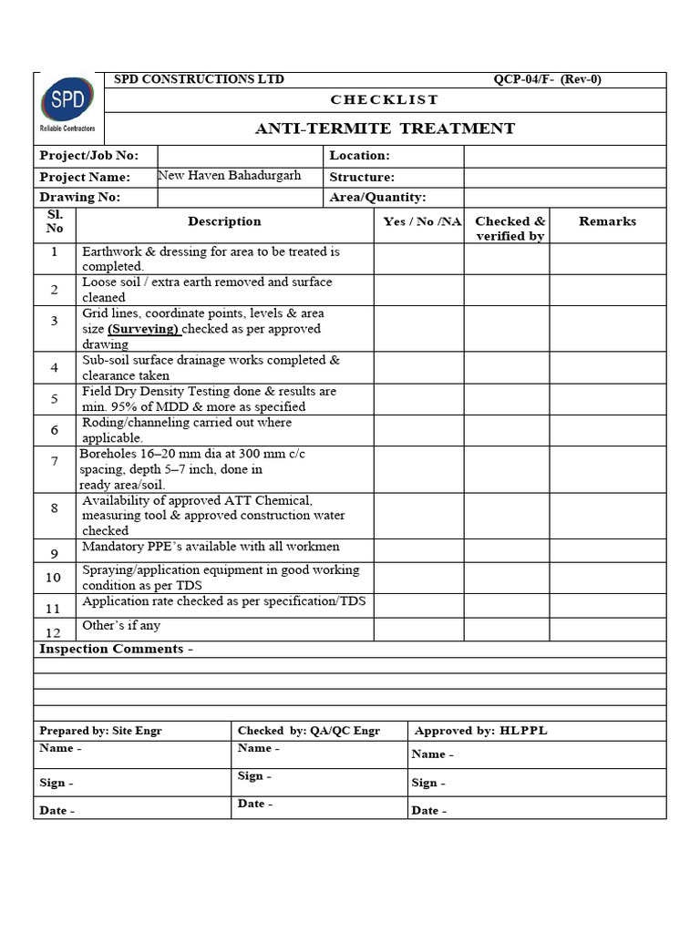 Anti Termite Treatment Checklist | PDF