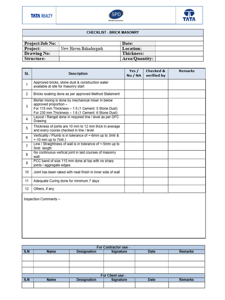 Brick Masonry Inspection Checklist | PDF