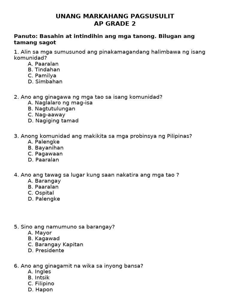 Unang Markahang Pagsusulit Ap Grade 2: Panuto: Basahin at Intindihin ...
