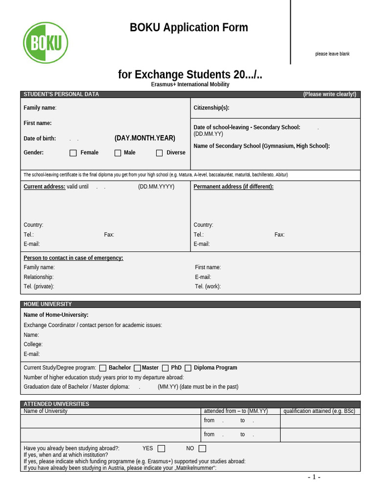 BOKU Exchange Student Application Form | PDF | Academic Degree ...