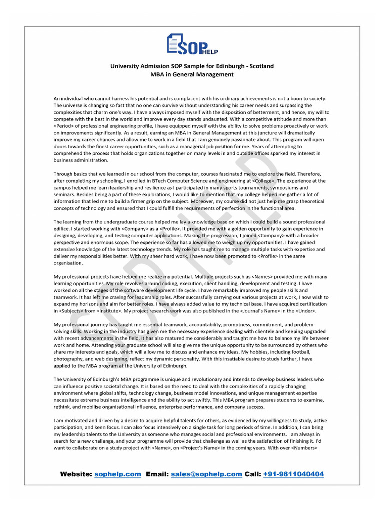 University Admission Sop Sample For Edinburgh Scotland Mba in General ...