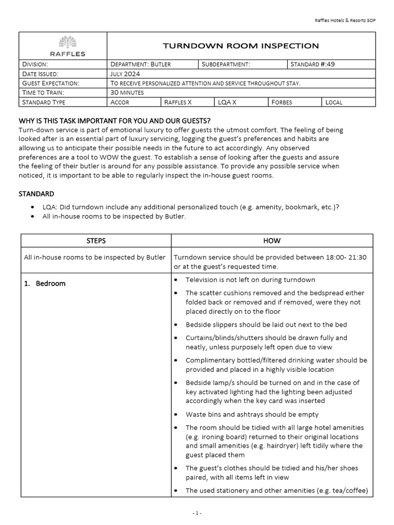 Raffles Butler Turn-Down Service SOP | PDF | Bathroom