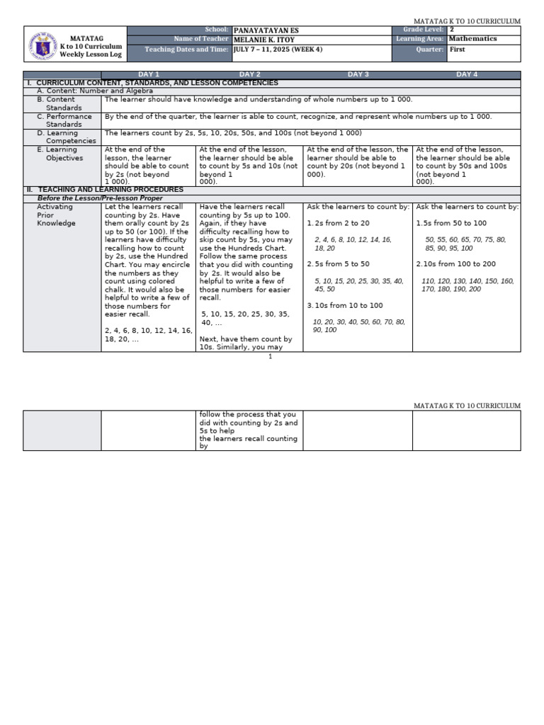 K-10 Math Weekly Lesson Plan | PDF | Learning | Curriculum
