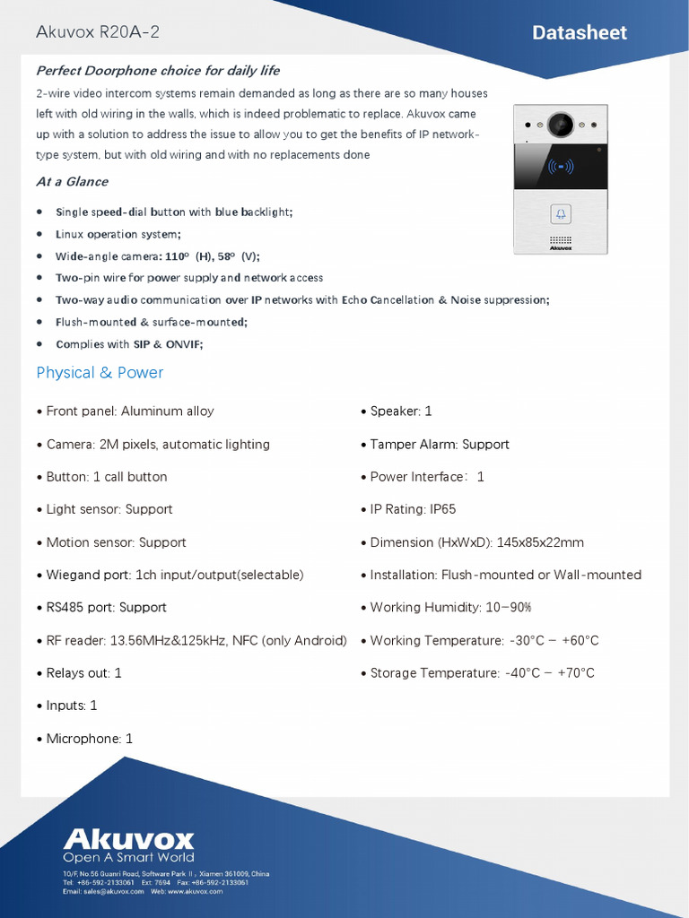 Akuvox R20A-2 Datasheet V3.0 | PDF | Telecommunications | Network Protocols