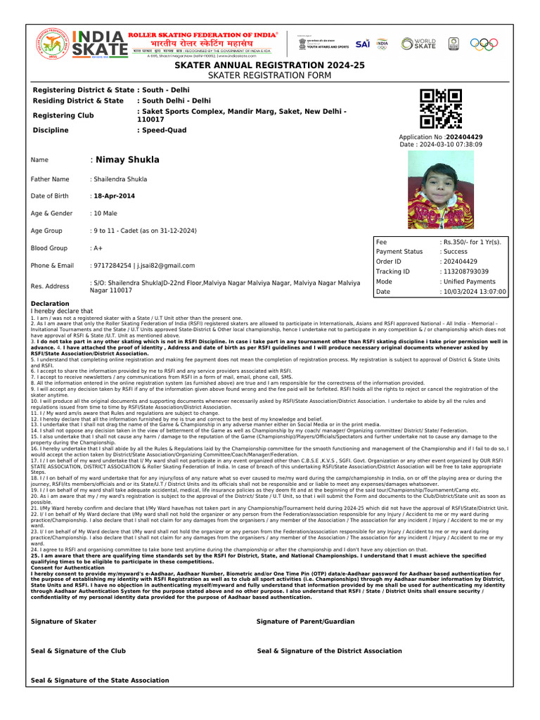 RSFI Skater Registration 2024-25 | PDF