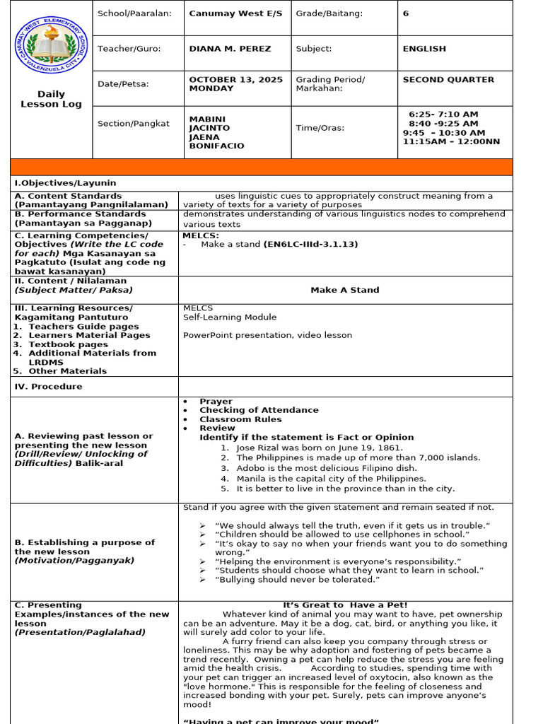 Grade 6 English Lesson Plan: Make a Stand | PDF | Pet | Learning