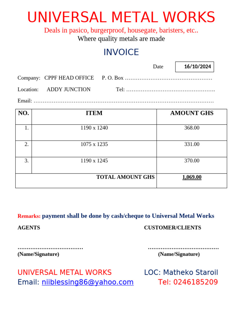 Universal Metal Works Invoice Details | PDF