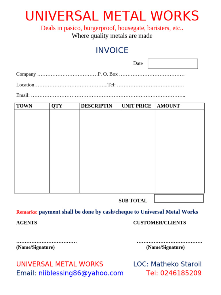 Universal Metal Works Invoice Template | PDF