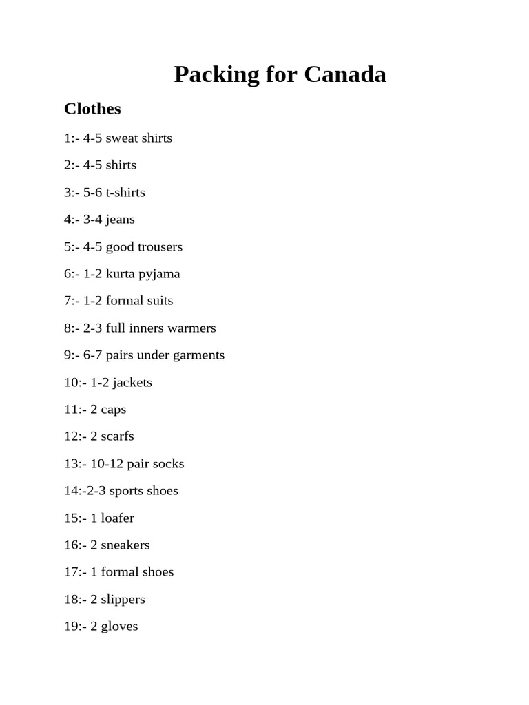 Canada Packing List Essentials | PDF