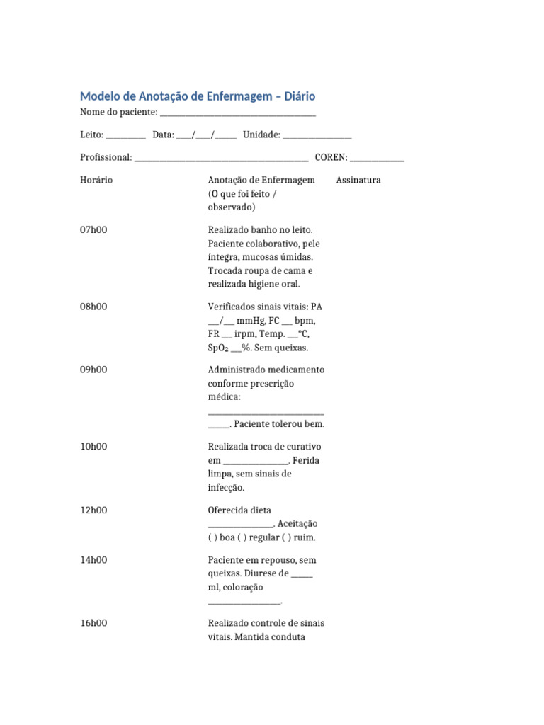 Modelo Diário de Anotação de Enfermagem | PDF | Doenças e distúrbios ...