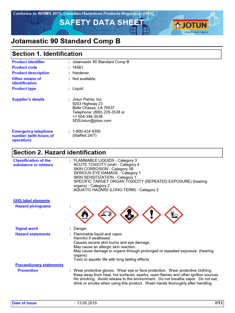 Jotamastic 90 Comp B Safety Data Sheet | PDF | Toxicity | Dangerous Goods
