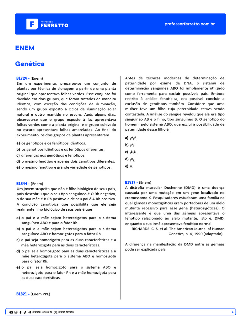 Questões de Genética para o ENEM | PDF | Dominância (genética) | Alelo