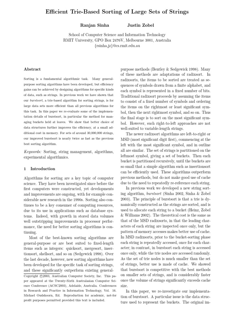 Efficient Trie-Based Sorting of Large Sets of Strings (Burst Sort ...