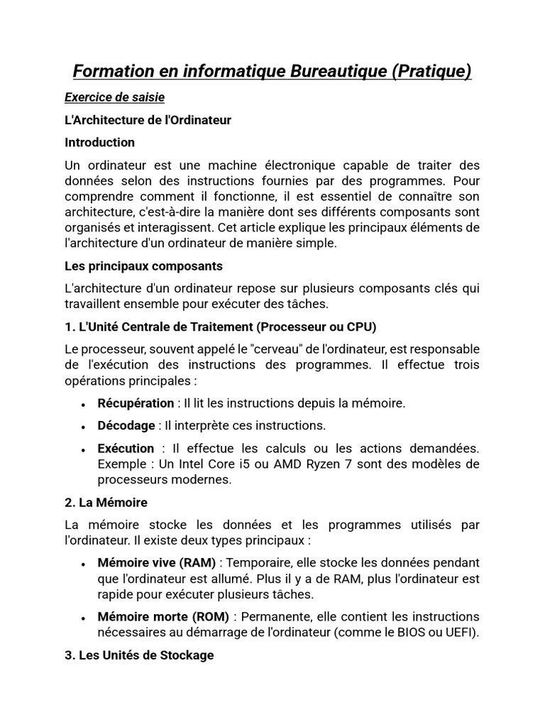 Architecture de l'Ordinateur en Bureautique | PDF | Mémoire ...