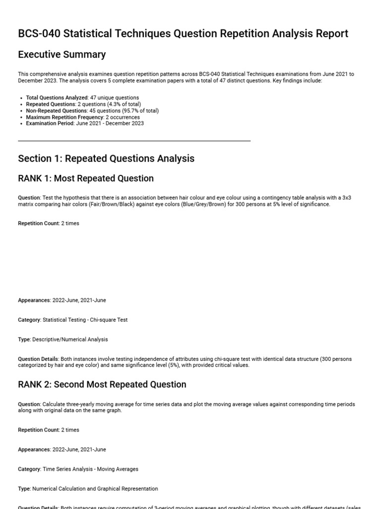 BCS-040 Question Repetition Analysis | PDF | Statistics | Analysis Of ...
