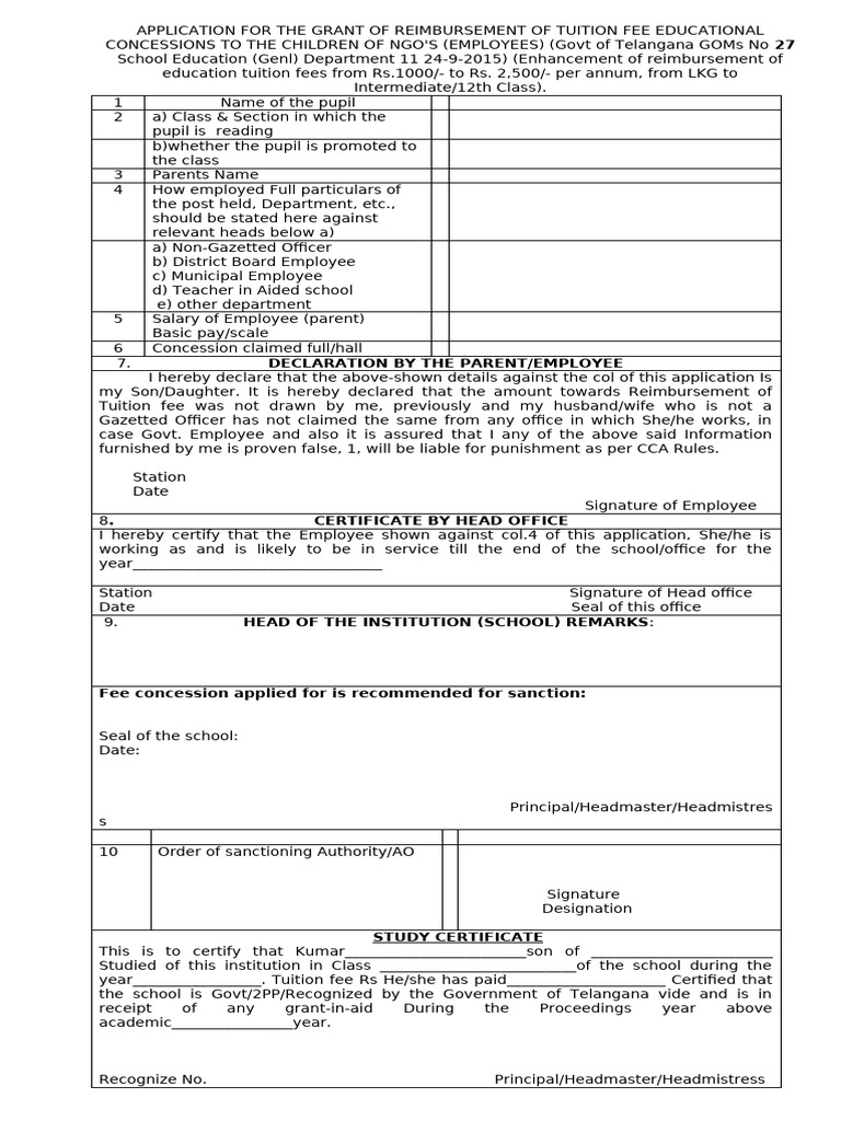 Telangana NGO Child Tuition Reimbursement Form | PDF