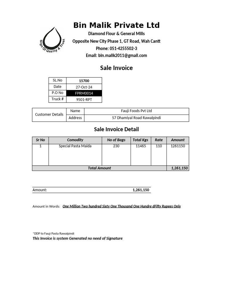 Sale Invoice for Fauji Foods Pvt Ltd | PDF