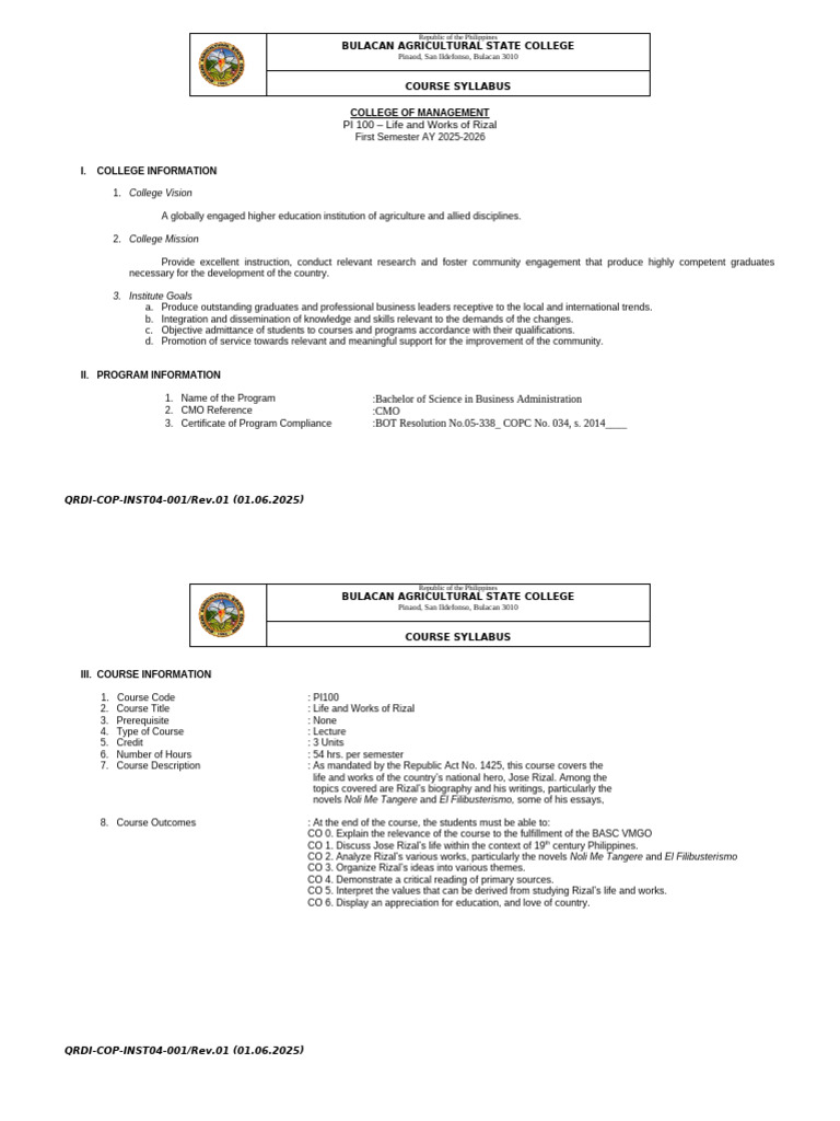 BSABA OBE Course Syllabus PI 100 | PDF | Manila