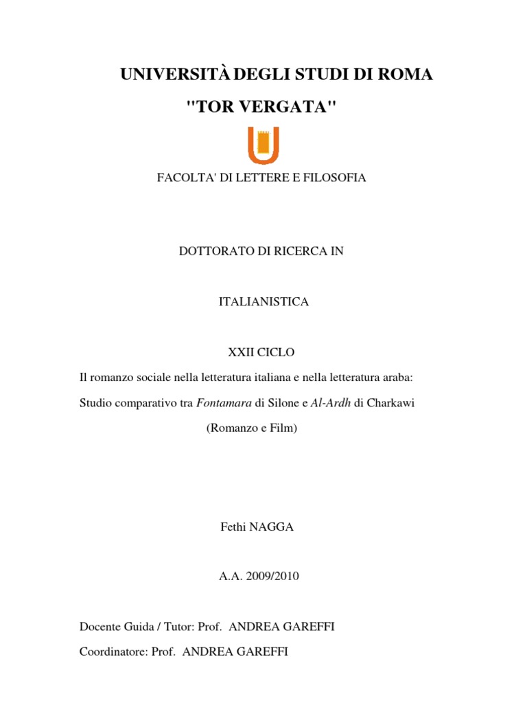 Il romanzo sociale nella letteratura italiana e nella letteratura araba Tesi Dottorato di Fethi Nagga