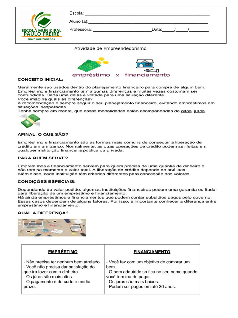 Atividade de Empreendedorismo Escolar | PDF