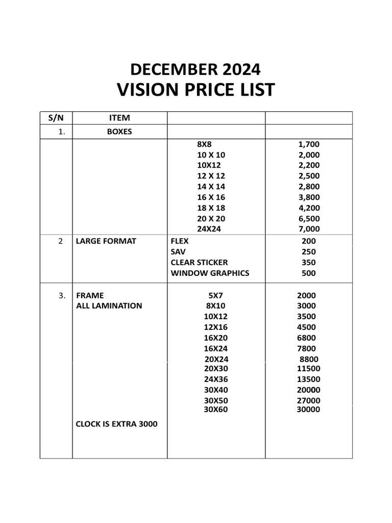 Price List Vision December | PDF